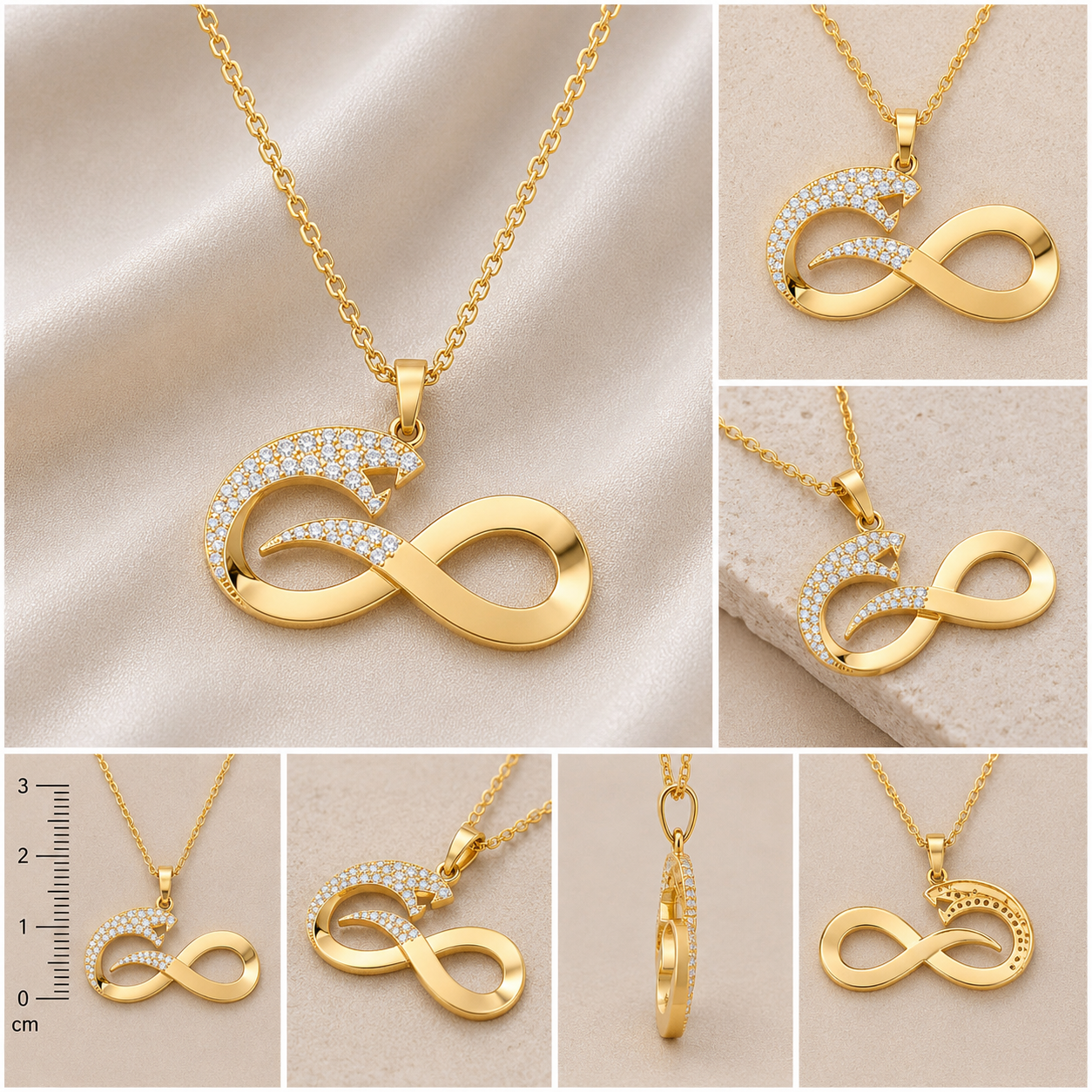 A collage of product views showing a gold infinity-shaped pendant necklace with a curved, crystal-studded section. The necklace is displayed on a beige satin fabric and a light stone surface, with one view including a centimeter scale on the left.