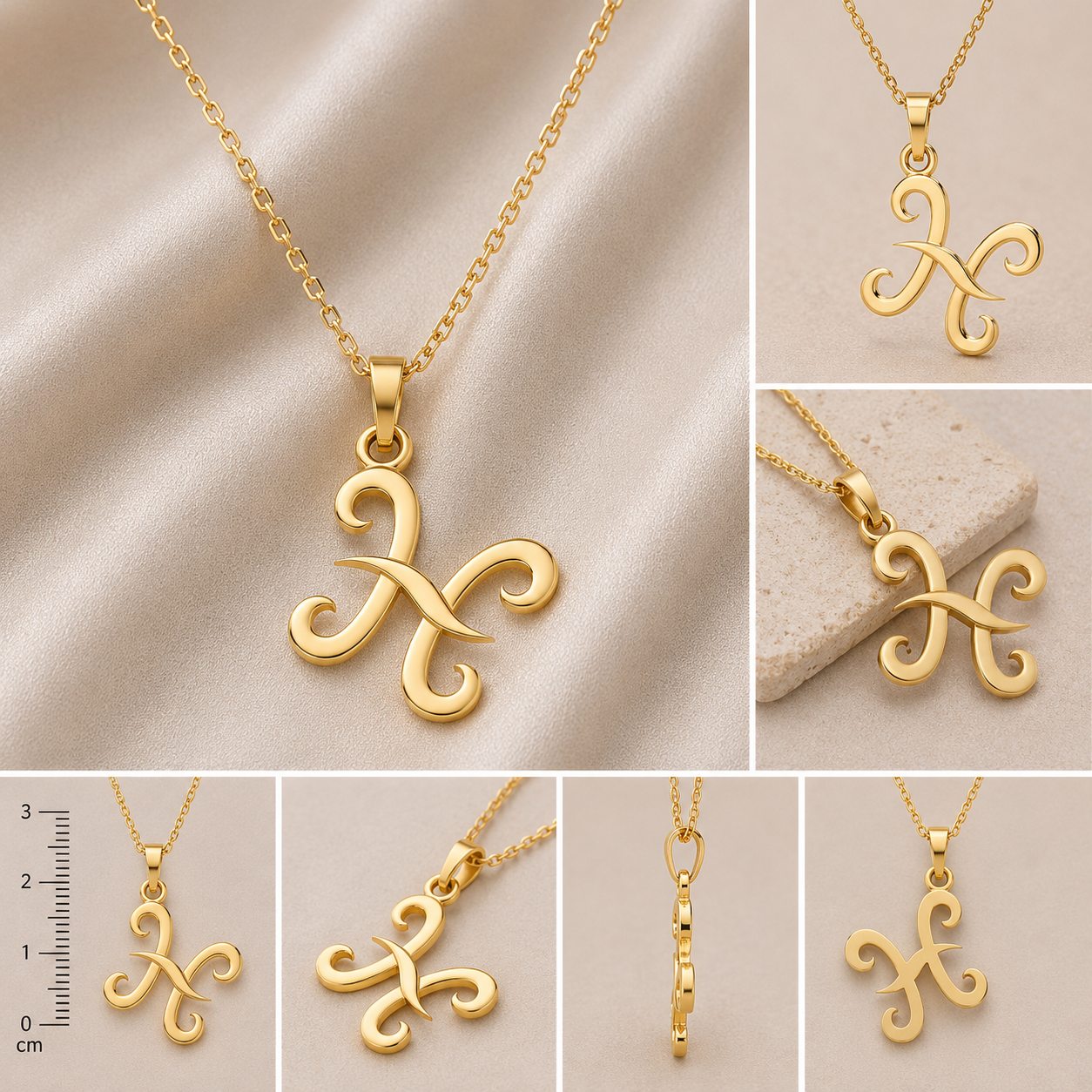 A collage showing a gold necklace with a stylized monogram pendant from multiple angles. The necklace chain and polished gold pendant are displayed on a beige satin fabric, a stone slab, and against a plain background.