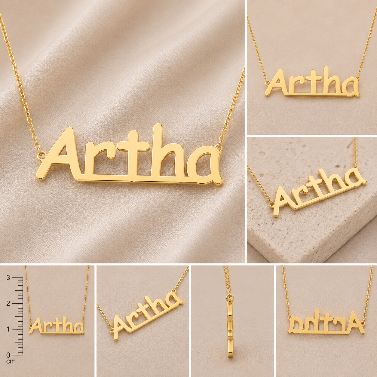 A collage showing a gold nameplate necklace with the name 'Artha' in different angles and close-ups, displayed on beige fabric and stone surfaces with one panel including a 1-meter scale reference.
