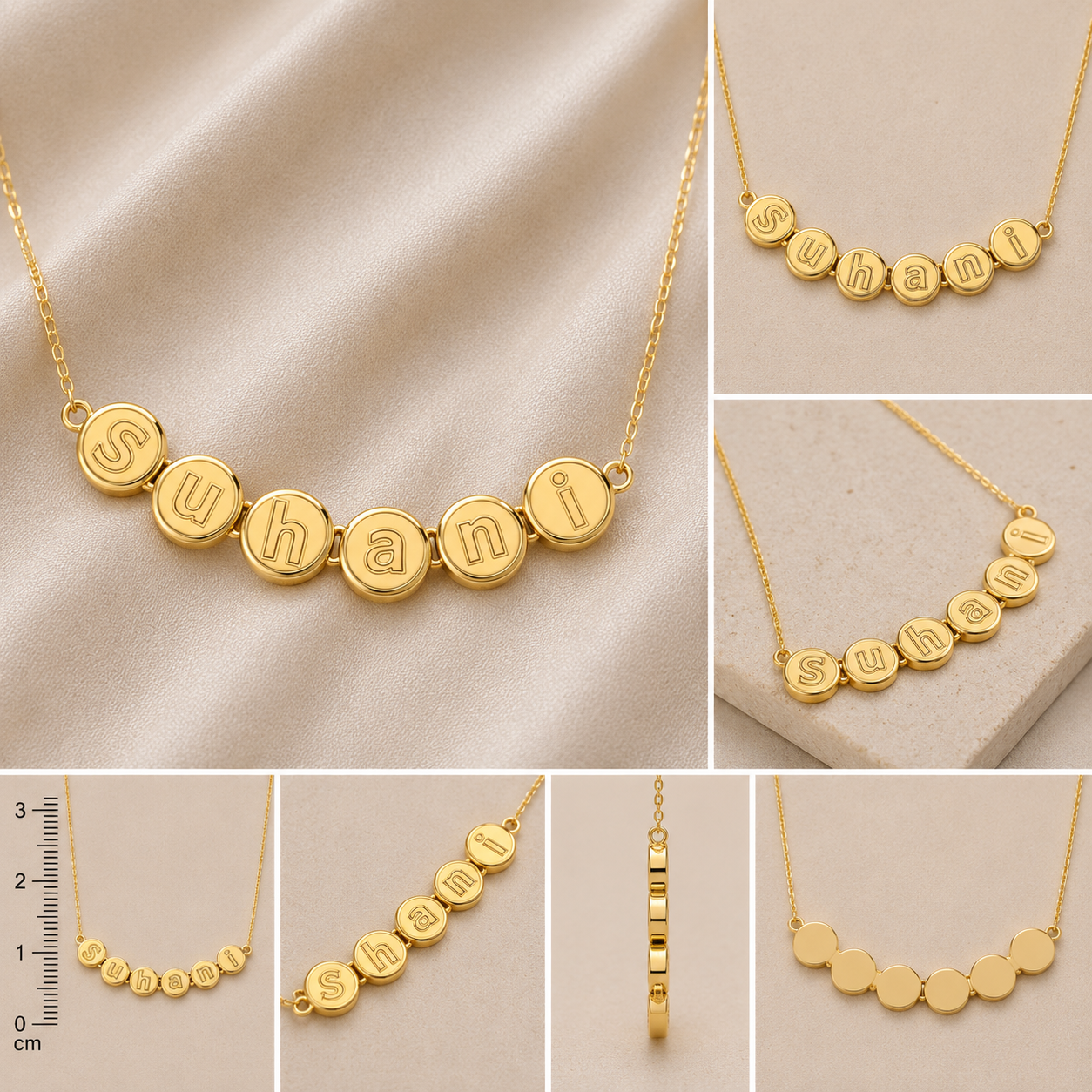 A collage showing a gold name necklace with round engraved disc beads spelling 'Suhani' in multiple views and close-ups, including a ruler scale marker on the left.