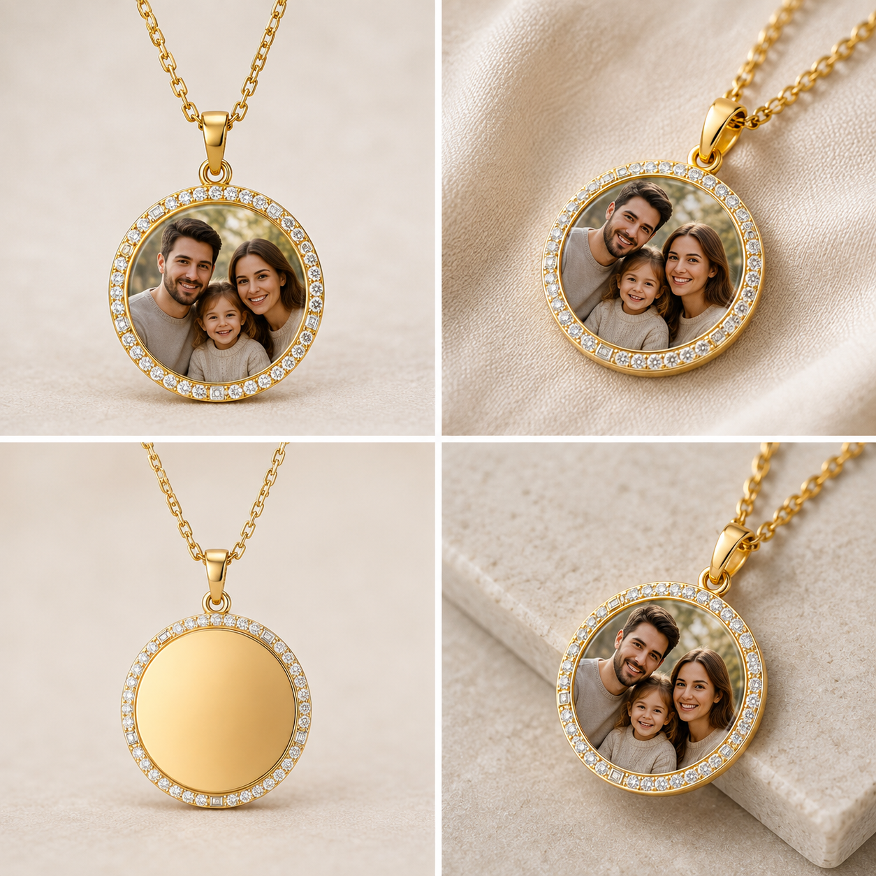 A four-panel collage showing a gold round pendant necklace with a custom family photo engraved in the center and a halo of small clear stones. One panel shows the front with the photo, two panels show the plain gold back, and one panel shows the necklace hanging on a chain.