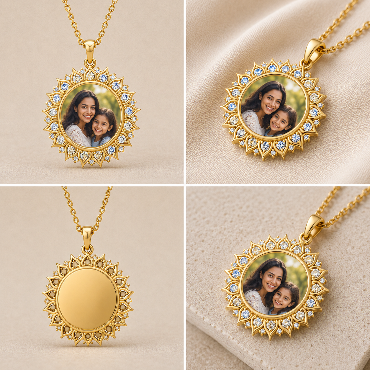 A four-panel collage showing a gold circular pendant necklace with a photo insert and a blank back. The top two panels show the pendant with a family portrait, and the bottom two show the blank gold reverse side.