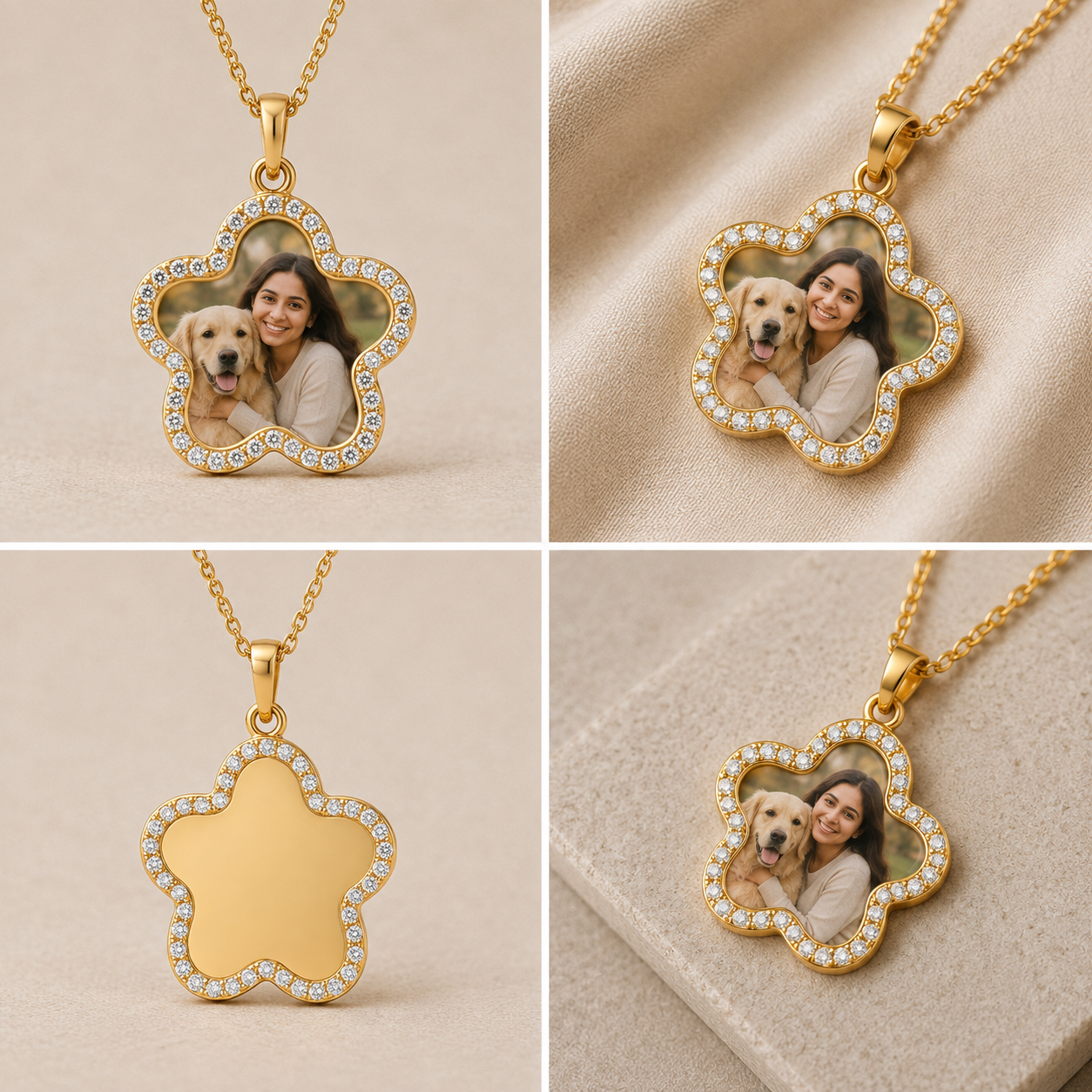 Four-panel collage showing a gold star-shaped pendant necklace with a photo insert and clear rhinestone border, displayed on a beige textured background. The collage includes front views with a custom pet portrait, a close-up of the pendant, and a back view showing a plain gold star face.