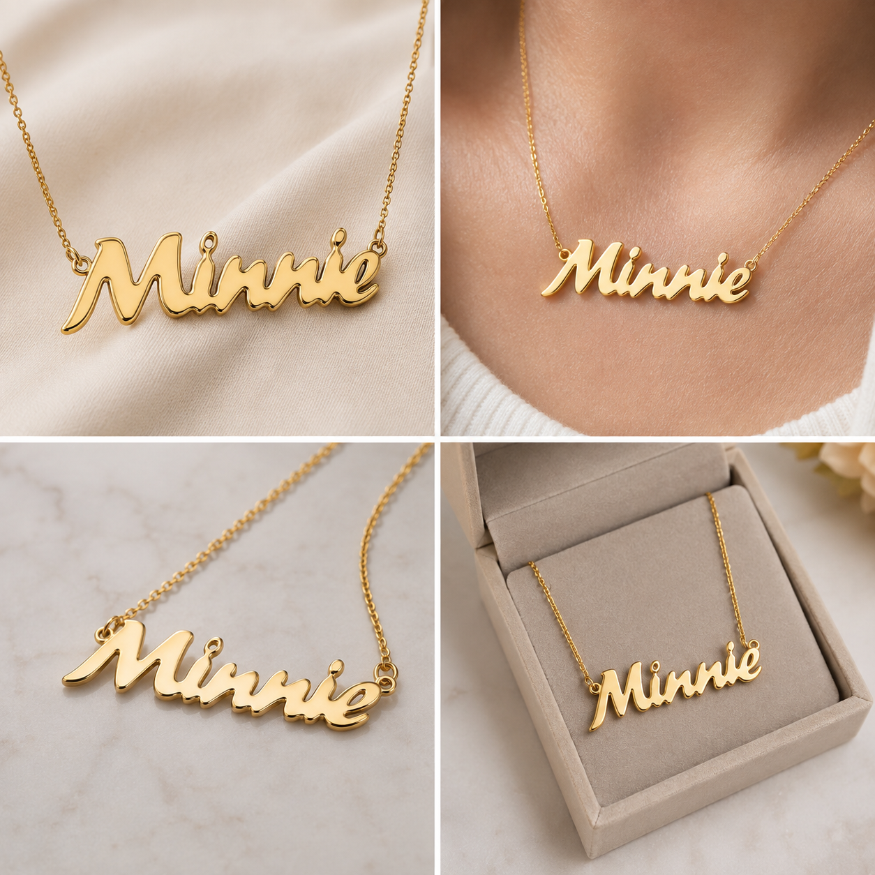 A collage showing a gold nameplate necklace with the word 'Minnie' in cursive script, displayed on a chain against soft neutral backgrounds, worn on a neck, and presented in a jewelry box.