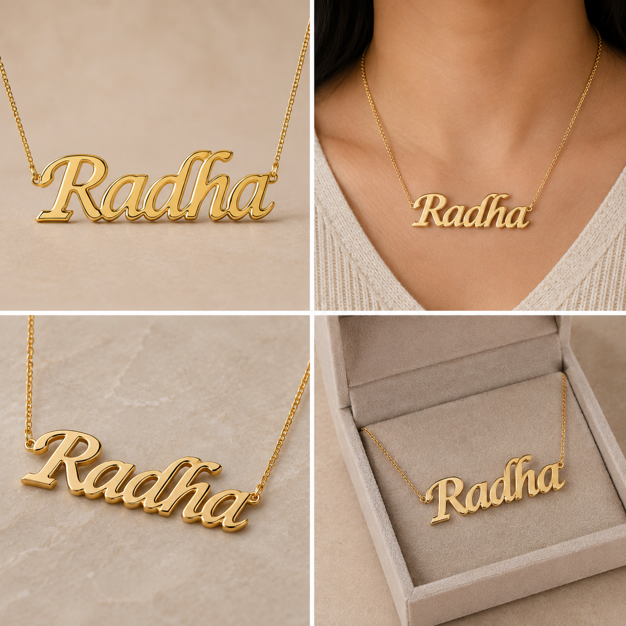 A collage showing a gold nameplate necklace with the name 'Radha' in cursive script, displayed on a chain and worn on a model's neck, with close-up views of the pendant and an open jewelry box containing it.