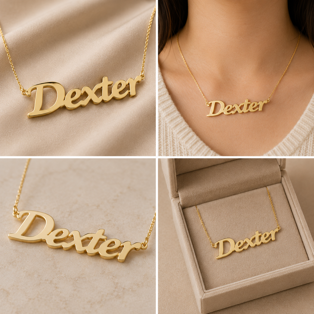 A collage showing a gold nameplate necklace with the word 'Dexter' in cursive script, displayed on a chain and worn on a model's neck, with close-up views of the pendant and an open jewelry box containing it.