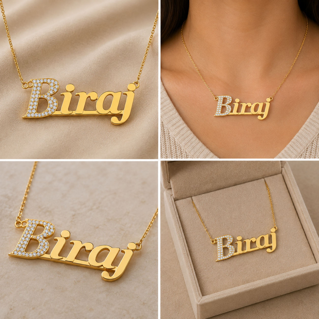 A gold name necklace with the name 'Biraj' embellished with small clear stones, shown in four panels including close-up views on fabric, worn on a model's neck, and displayed inside an open jewelry box.