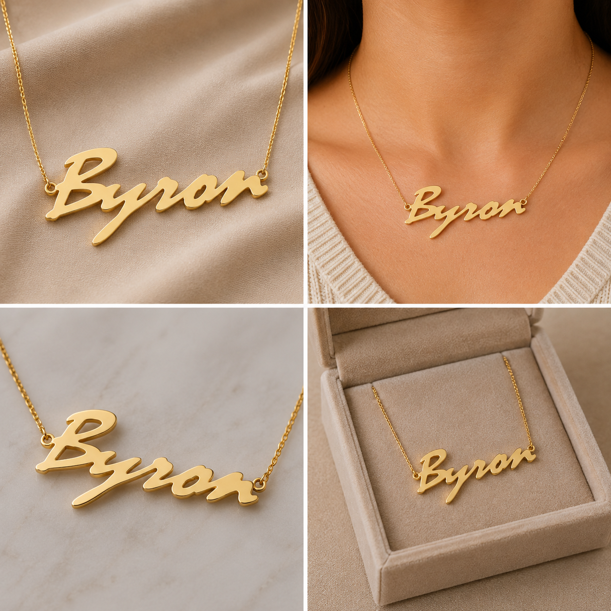 A collage showing a gold script name necklace with the word "Byron" in four panels: close-up on beige fabric, worn on a model's neck, on a light marble surface, and displayed inside a beige jewelry box.