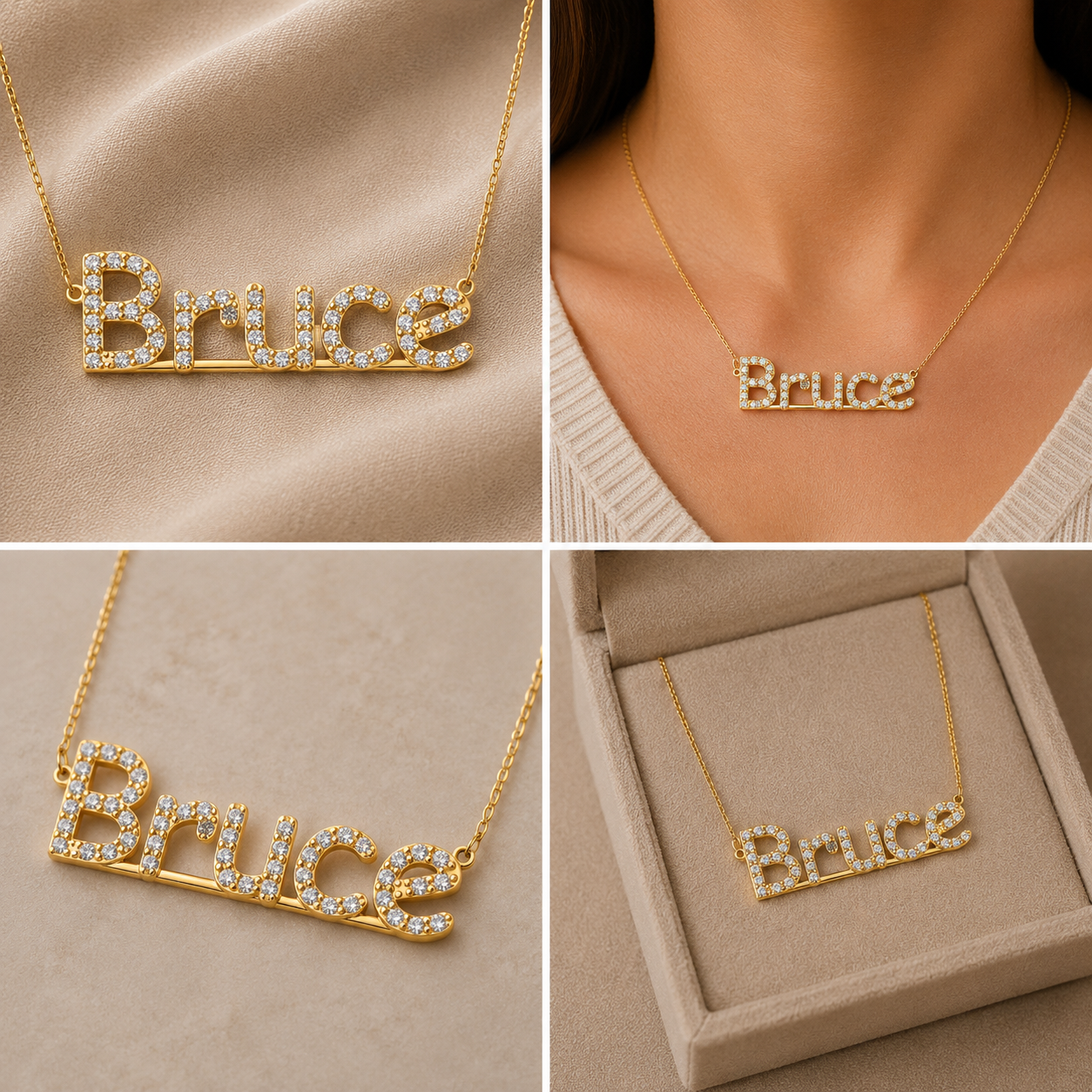 A collage showing a gold nameplate necklace with the name 'Bruce' set with clear stones, displayed on a beige fabric background, worn on a model's neck, close-up, inside a jewelry box, and on its own chain.