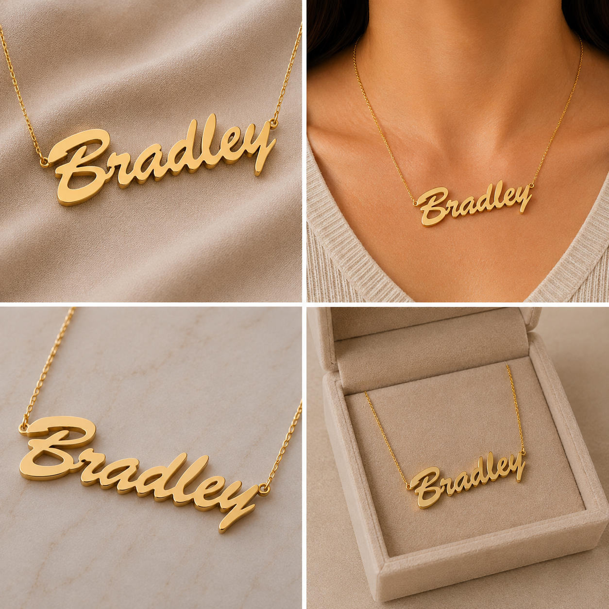 Four-panel collage showing a gold script name necklace with the name 'Bradley' in multiple views: close-up on fabric, worn on a model's neck, laid flat, and displayed inside an open jewelry box.