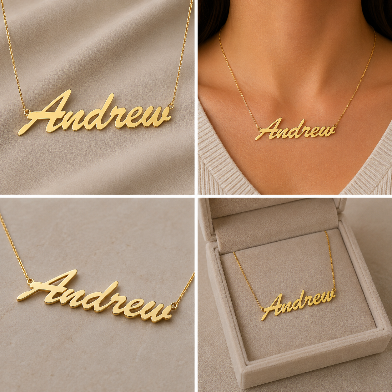 A collage showing a gold script nameplate necklace with the name 'Andrew' in four panels: close-up on fabric, worn on a model's neck, close-up on skin, and displayed inside an open jewelry box.