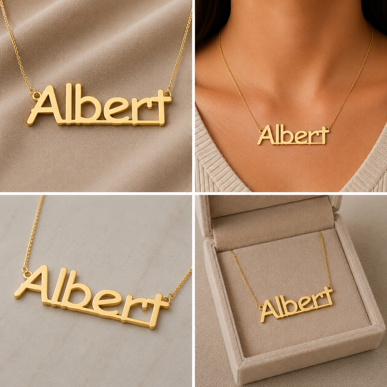 A collage showing a gold nameplate necklace with the name 'Albert' in four panels: close-up on draped fabric, worn on a model's neck, on a light surface, and displayed inside an open jewelry box.