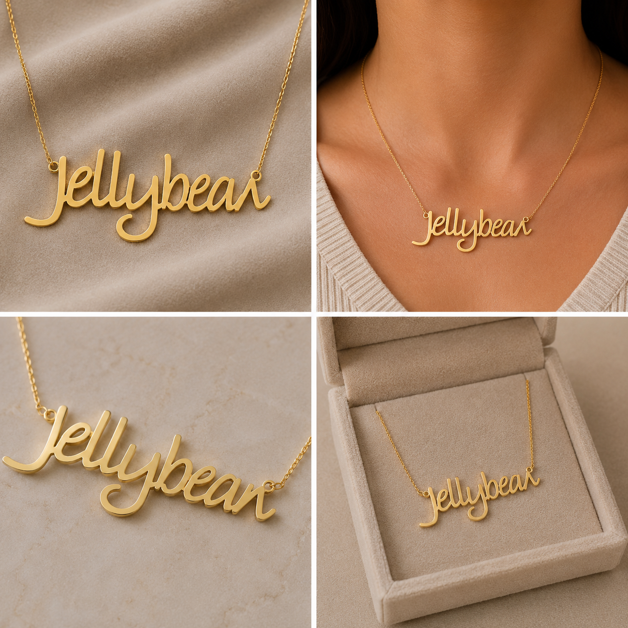 A gold script nameplate necklace reading 'Jellybear' shown in a four-panel collage: close-up on a beige fabric surface, worn on a model's neck, draped again on fabric, and displayed inside an open jewelry box.