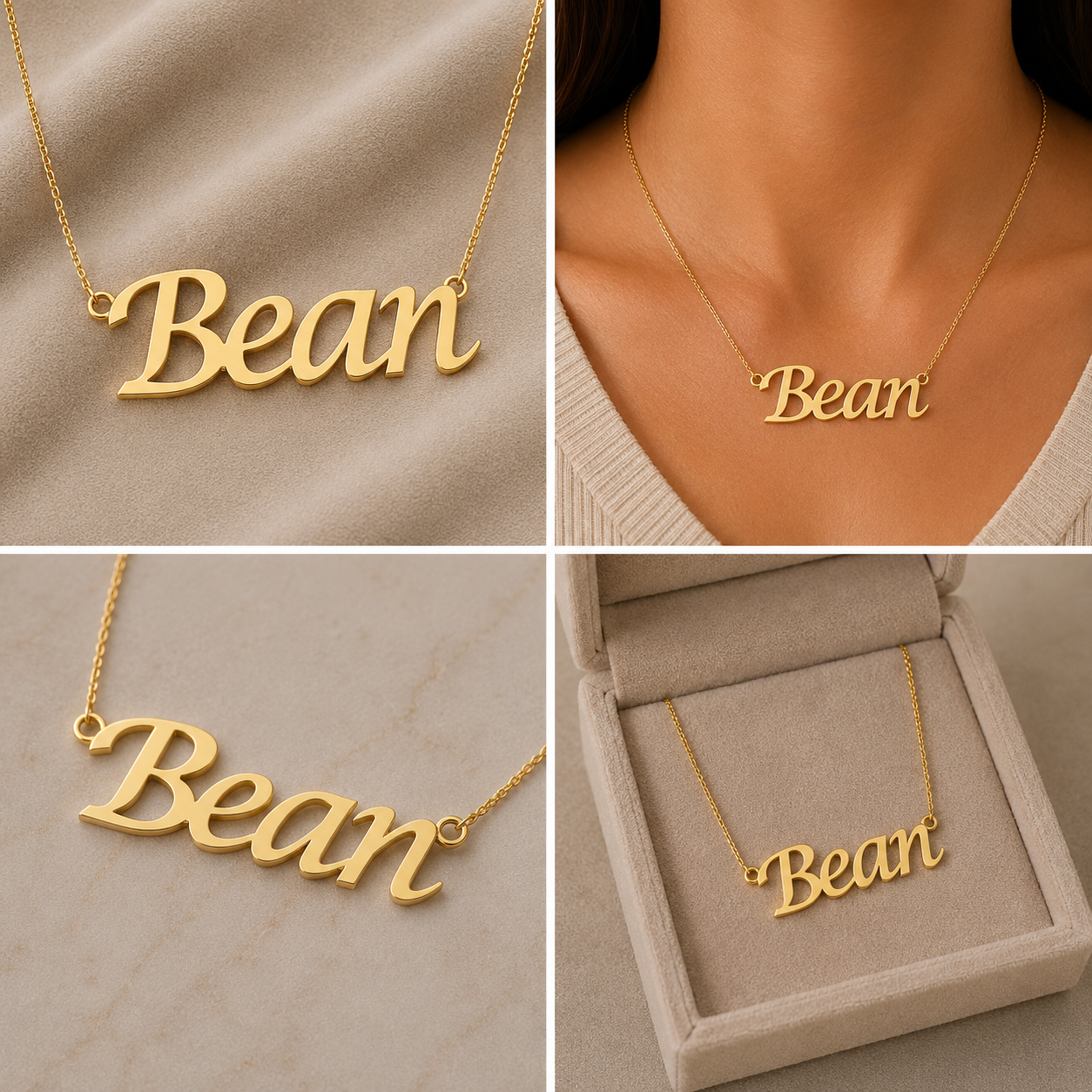 A collage showing a gold nameplate necklace with the word 'Bean' in cursive script, displayed on a chain, worn on a model's neck, on a neutral fabric surface, and resting inside an open jewelry box.