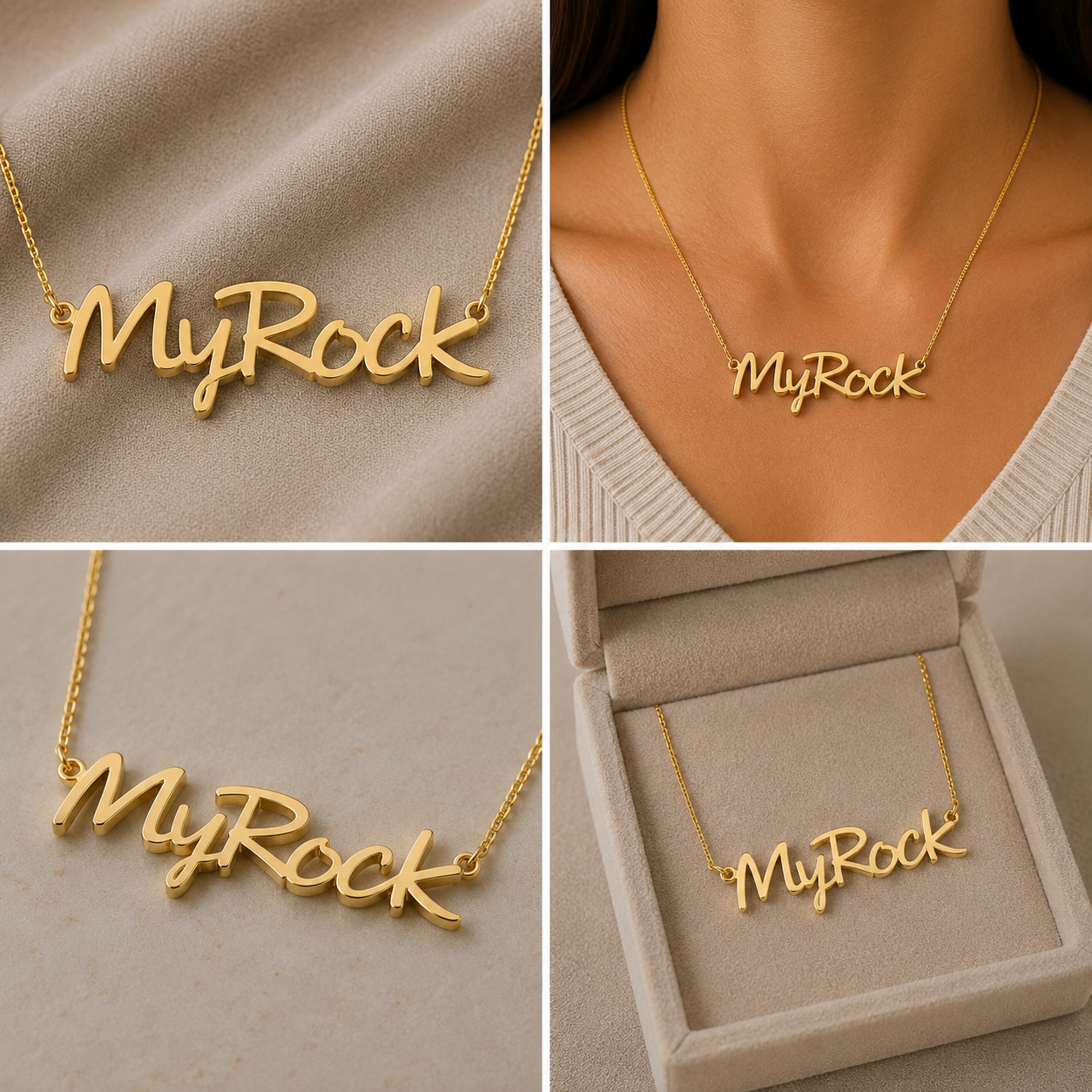 A collage showing a gold script nameplate necklace reading “MyRock” worn on a model’s neck, close-up product shots on fabric, and the necklace displayed inside an open jewelry box.