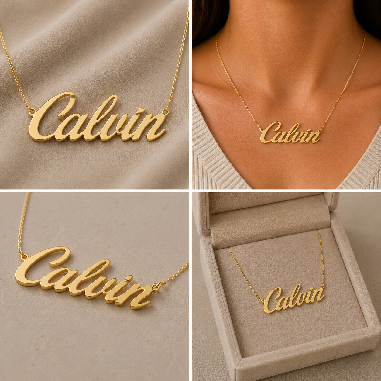 A collage showing a gold nameplate necklace with the script name 'Calvin' on a chain, displayed close-up on fabric, worn on a model's neck, and presented inside an open jewelry box.