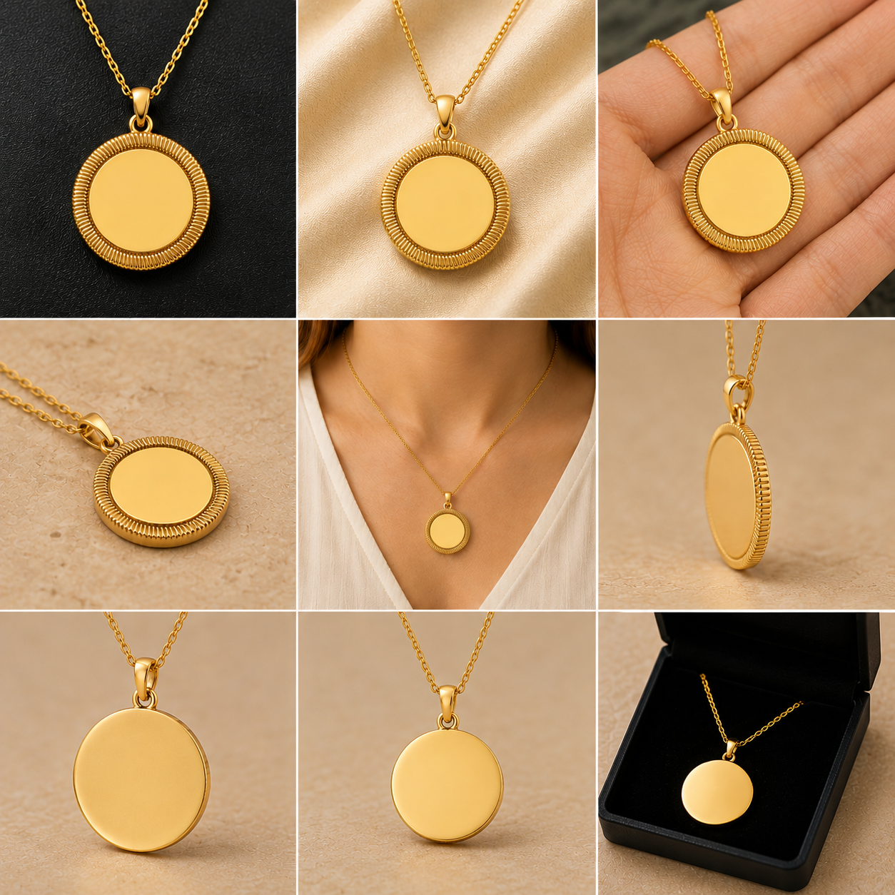 A 3x3 collage showing a gold round pendant necklace in multiple views: close-ups of the pendant on chain, worn on a model's neck, held in a hand, displayed in an open black jewelry box, and shown from the back. The pendants have a smooth flat center with a textured rope border.