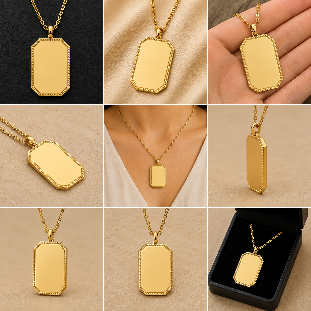 A 3x3 collage showing a gold rectangular dog tag necklace in multiple views: hanging on a chain, close-up of the pendant, worn on a person's neck, shown in a hand, and displayed in an open black gift box. The pendants have a polished finish with a beaded border.