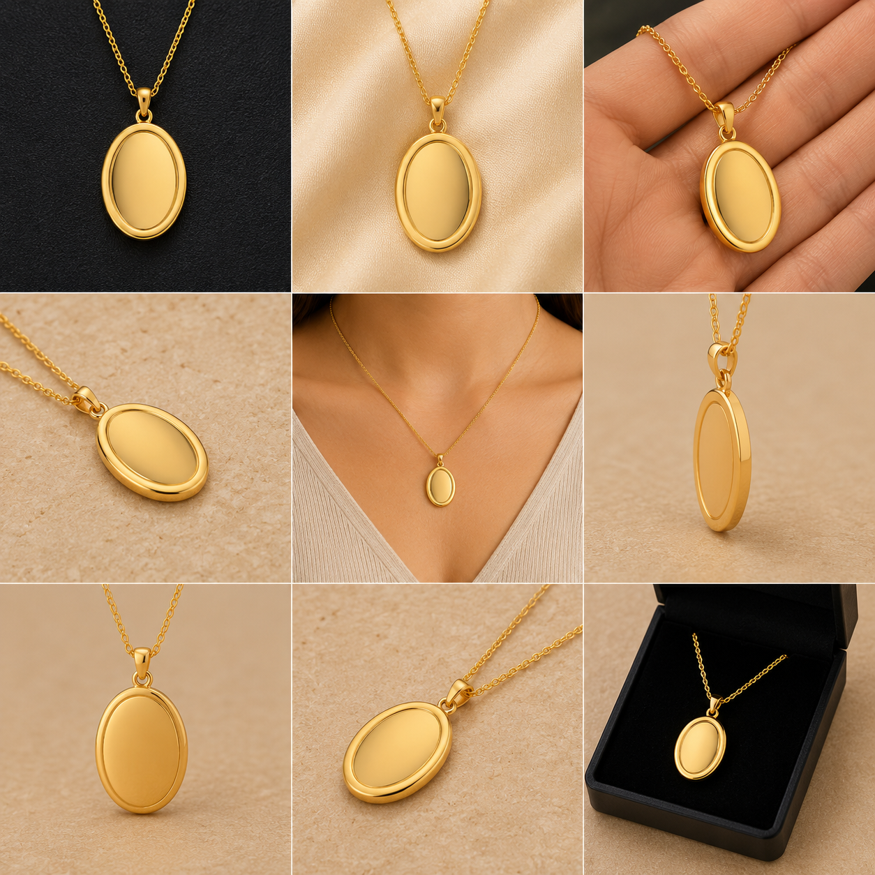 A 3x3 collage showing a gold oval locket necklace in various presentation styles: on a black background, draped on beige fabric, worn on a hand, close-up on a beige surface, worn on a model's neck, and displayed inside a black jewelry box.