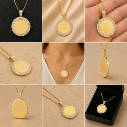 A 3x3 collage showing a gold oval pendant necklace with a halo of small clear stones, displayed on a chain, worn on a model's neck, close-up, in a box, and from the back.