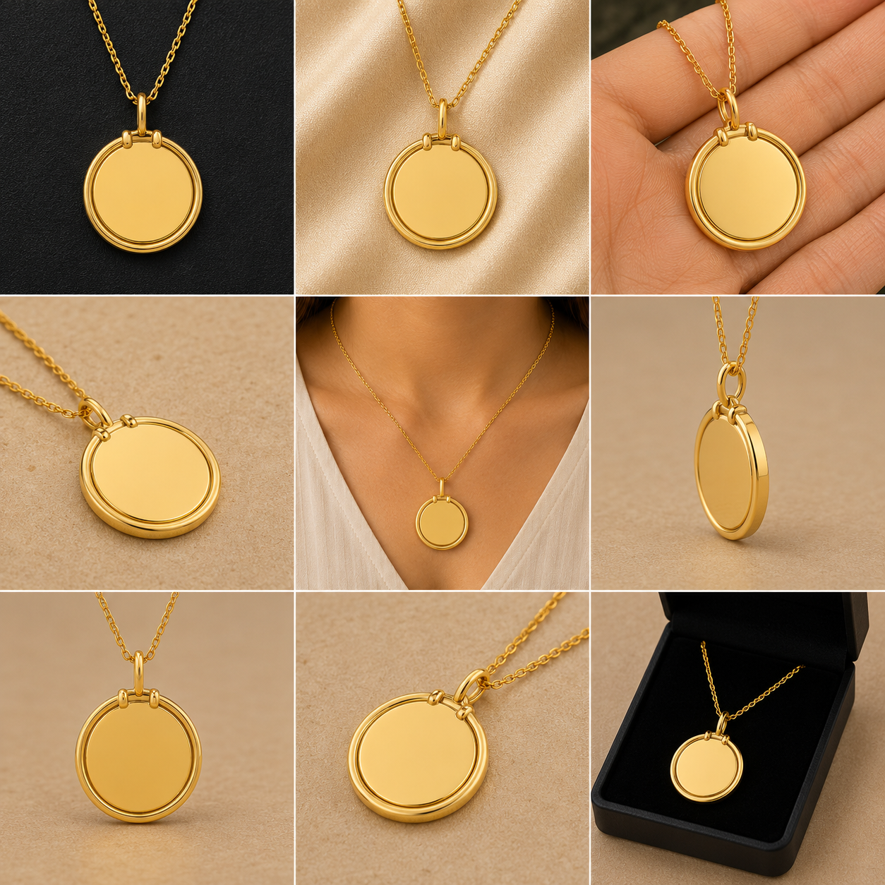 A 3x3 collage showing a gold oval pendant necklace in multiple views: close-ups of the pendant on chain, worn on a person's neck, and displayed in an open black gift box. The backgrounds vary from black fabric to beige satin and neutral surfaces.