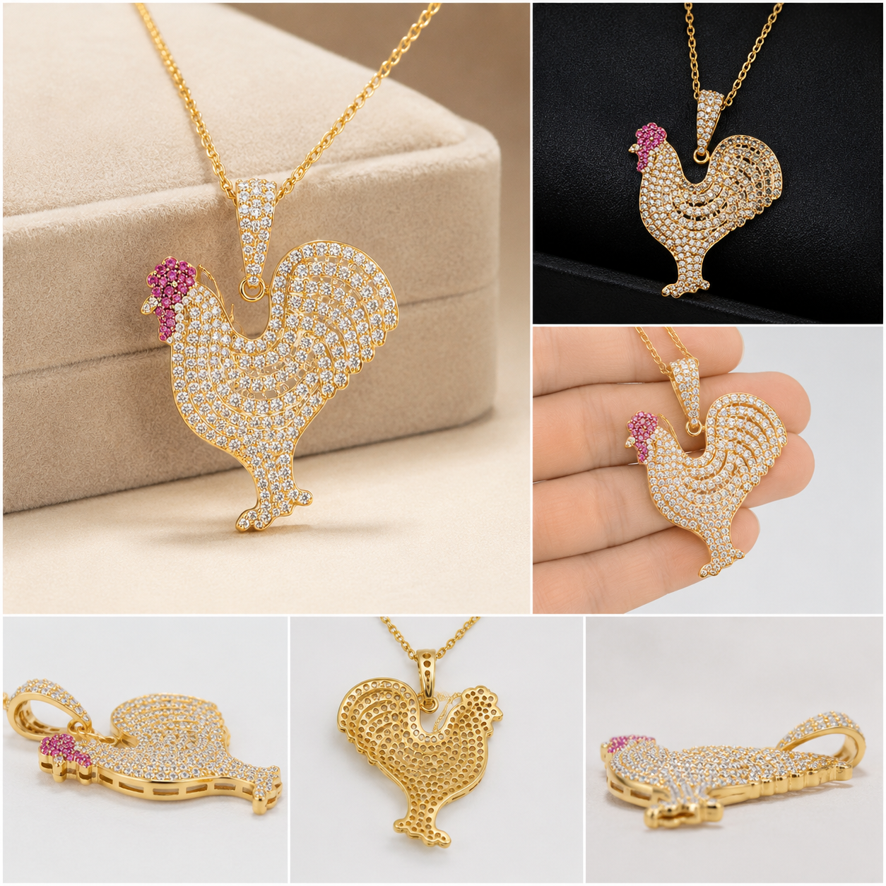 Cubic Zircon Rooster Pendant 14k Yellow Gold Plated 925 Silver