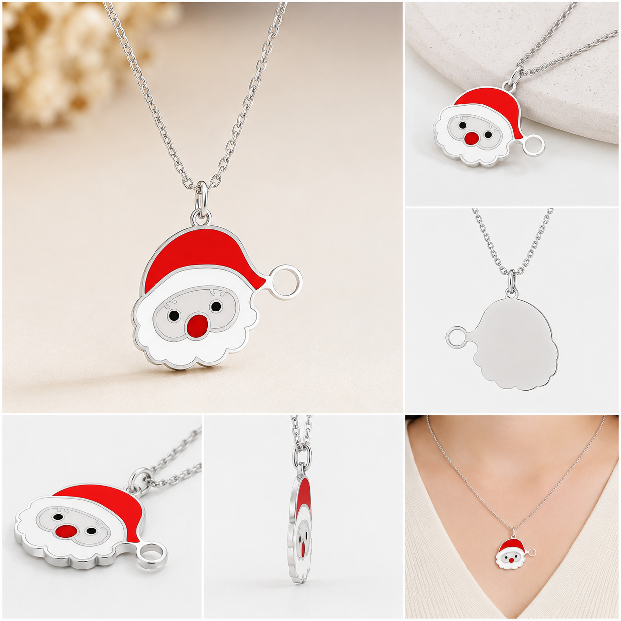 Enamel Santa Claus Pendant 925 Silver 14K White Gold Plated