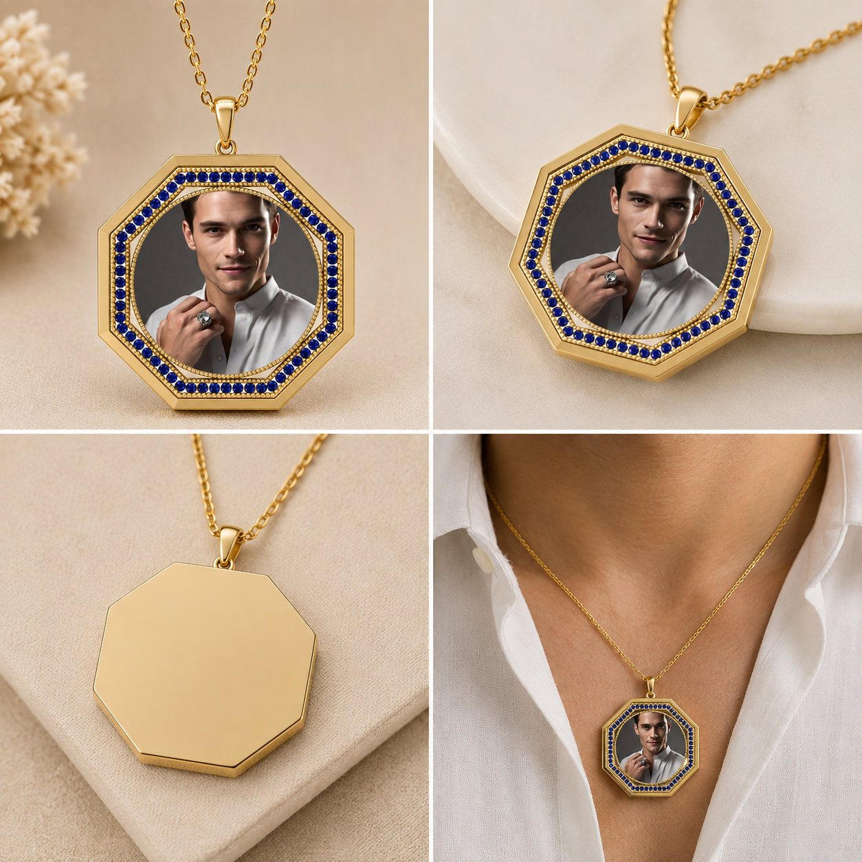 0.49Ct Sapphire Memory Photo Pendant 925 Silver 14K Gold Plated