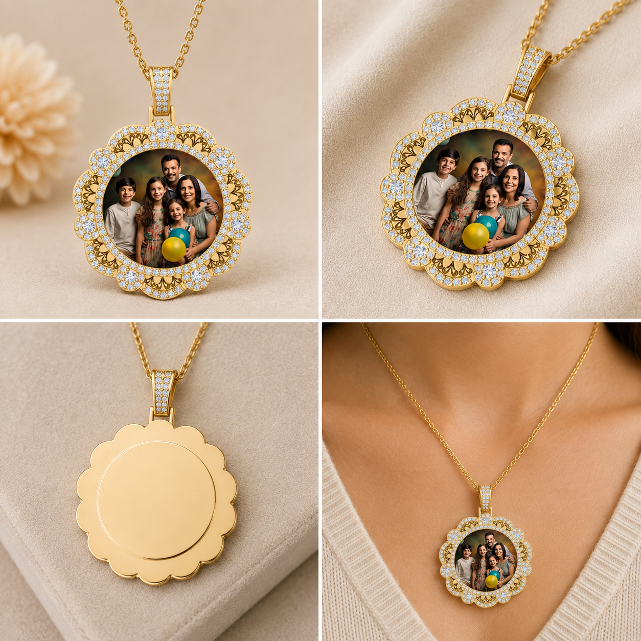 0.87Ct Moissanite Floral Photo Memory Pendant 925 Silver 14K Gold Plated
