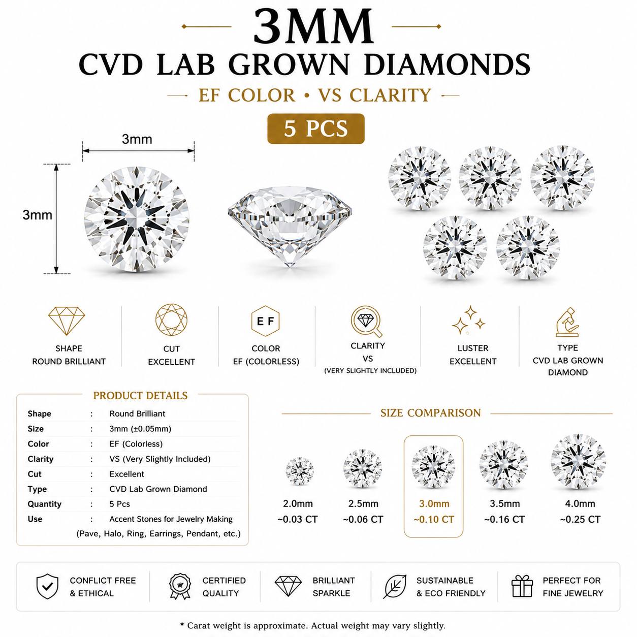 3mm CVD Lab Grown Diamonds, EF Clarity, 5 Pcs