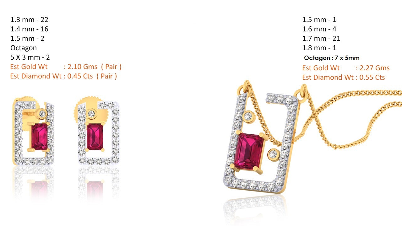 Ciondolo con rubino in argento dorato RKC 925 da 1,00 ct totale, peso 3,70 g e orecchino da 2,10 g, set con placcatura in oro giallo 14 carati