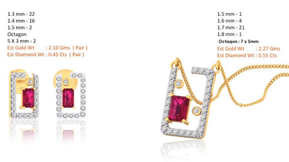 Ciondolo con rubino in argento dorato RKC 925 da 1,00 ct totale, peso 3,70 g e orecchino da 2,10 g, set con placcatura in oro giallo 14 carati