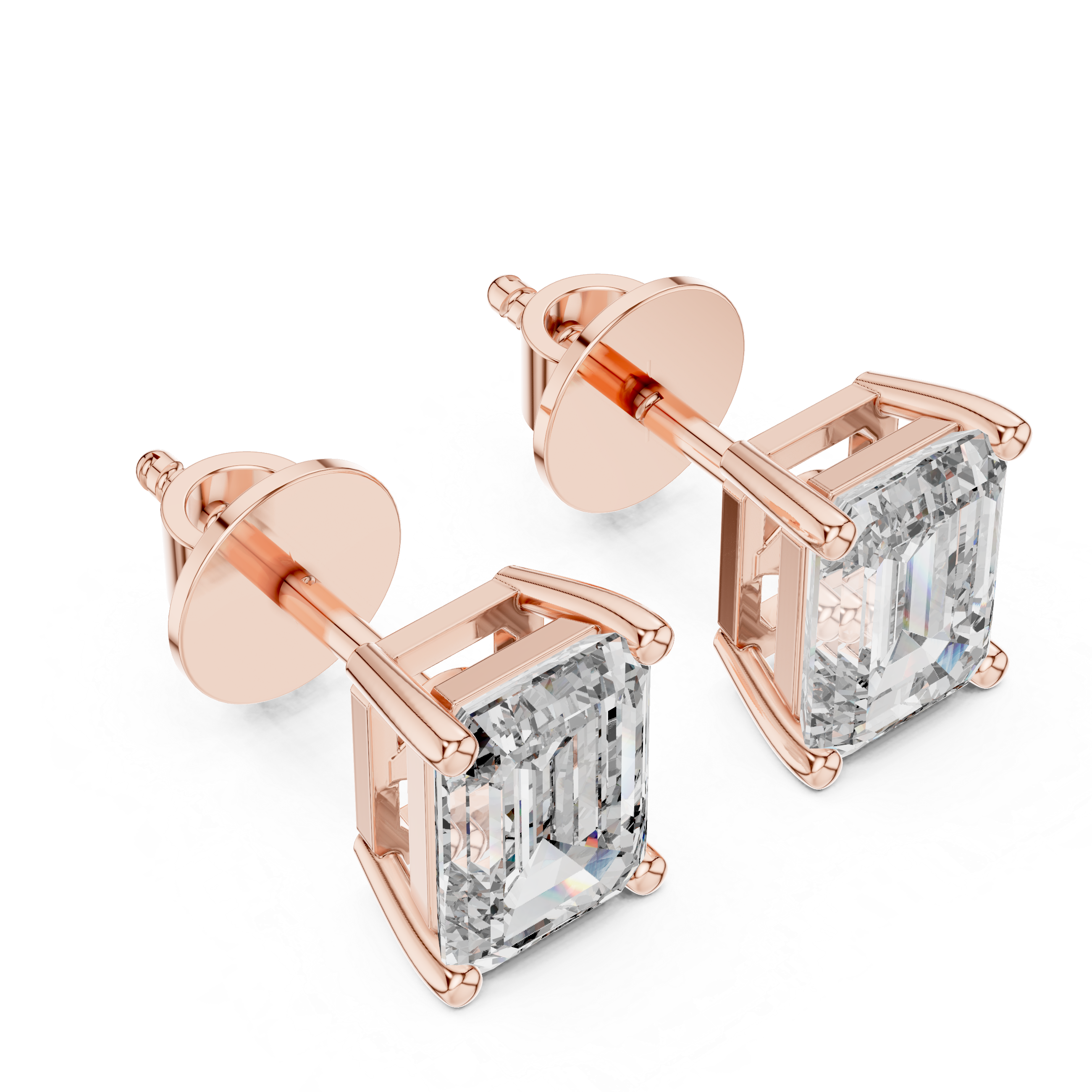 925 Silver Emerald-Cut Moissanite 4-Prong Solitaire Stud Earrings – 14K Rose Gold Plated