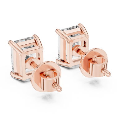 925 Silver Emerald-Cut Moissanite 4-Prong Solitaire Stud Earrings – 14K Rose Gold Plated