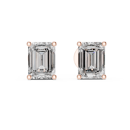 925 Silver Emerald-Cut Moissanite 4-Prong Solitaire Stud Earrings – 14K Rose Gold Plated