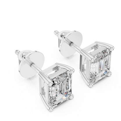 925 Silver Emerald-Cut Moissanite 4-Prong Solitaire Stud Earrings – 14K Rose Gold Plated