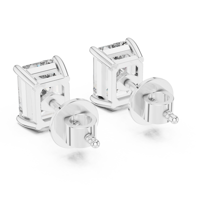 925 Silver Emerald-Cut Moissanite 4-Prong Solitaire Stud Earrings – 14K Rose Gold Plated