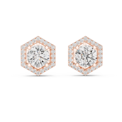 925 Silver Round Moissanite Geometric Hexagon Halo Stud Earrings – 14K Gold Plated