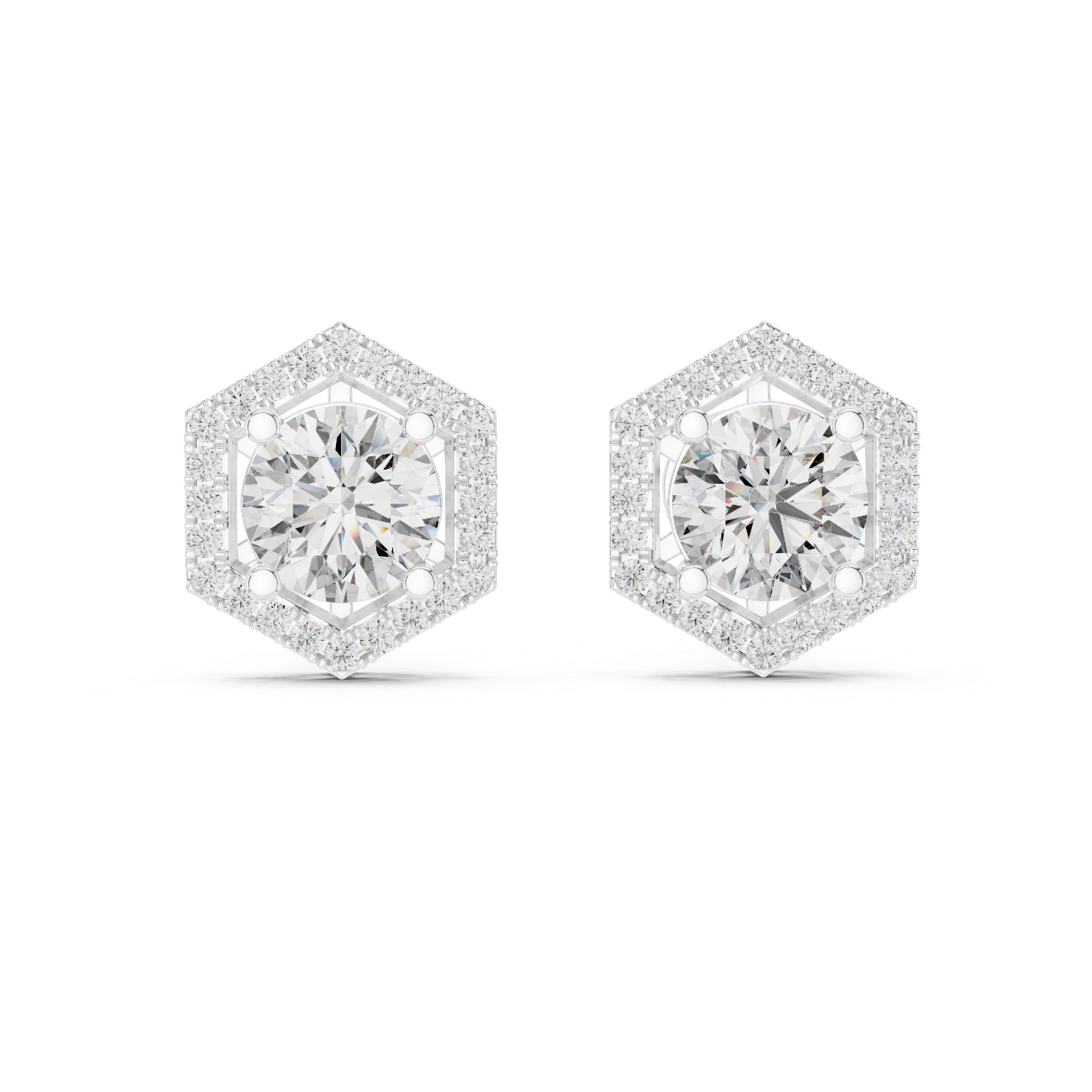 925 Silver Round Moissanite Geometric Hexagon Halo Stud Earrings – 14K Gold Plated