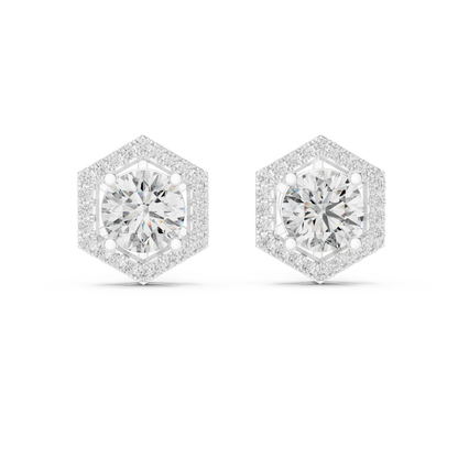 925 Silver Round Moissanite Geometric Hexagon Halo Stud Earrings – 14K Gold Plated