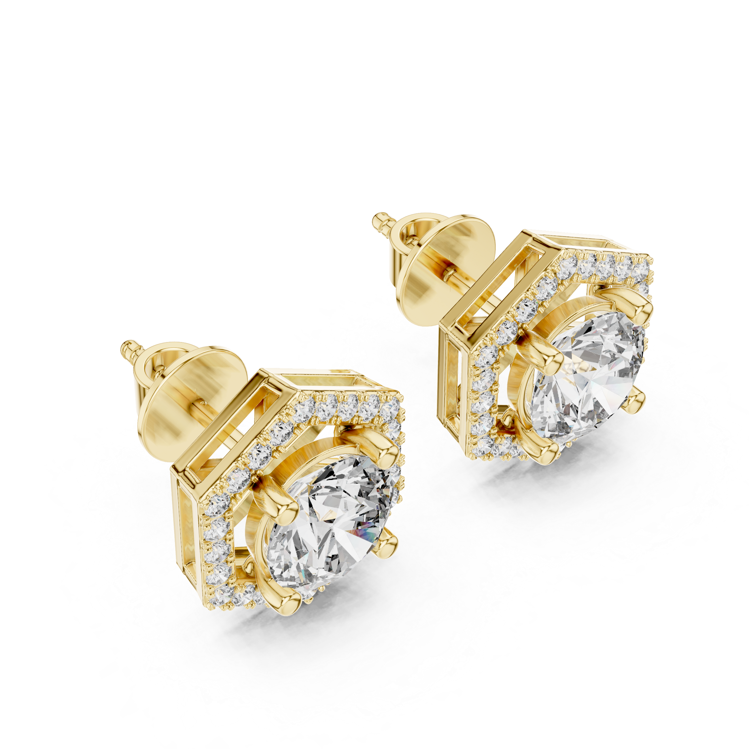 925 Silver Round Moissanite Geometric Hexagon Halo Stud Earrings – 14K Gold Plated