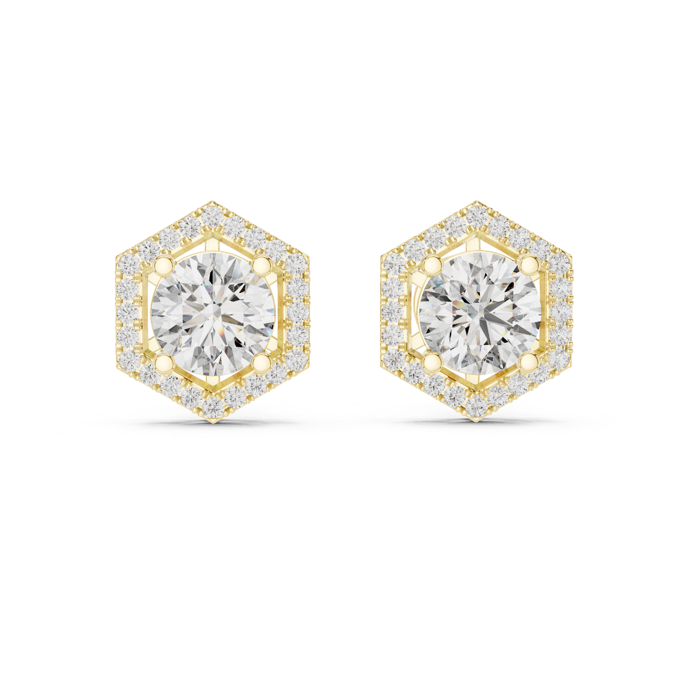 925 Silver Round Moissanite Geometric Hexagon Halo Stud Earrings – 14K Gold Plated