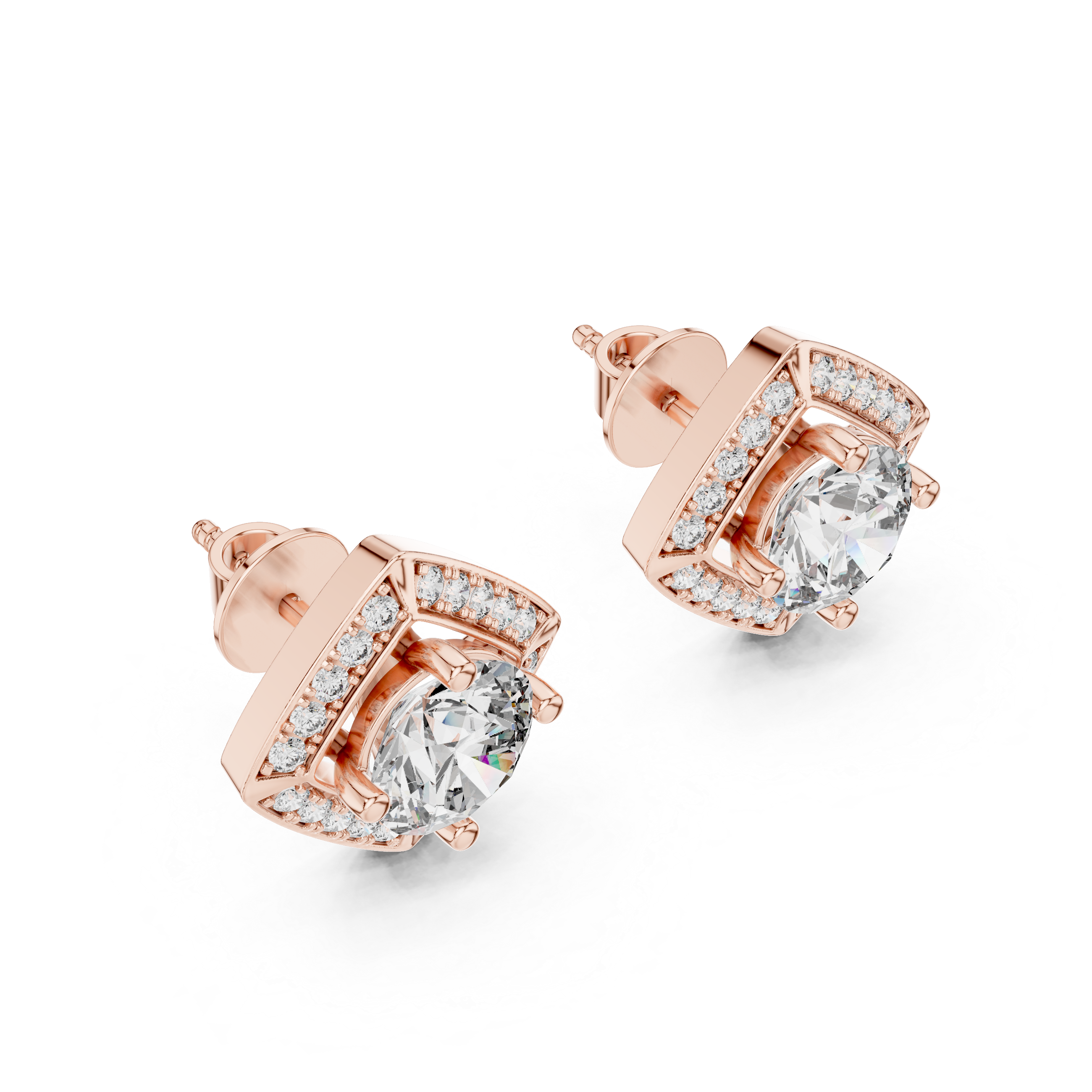 925 Silver Round Moissanite Geometric Diamond Halo Stud Earrings – 14K Gold Plated