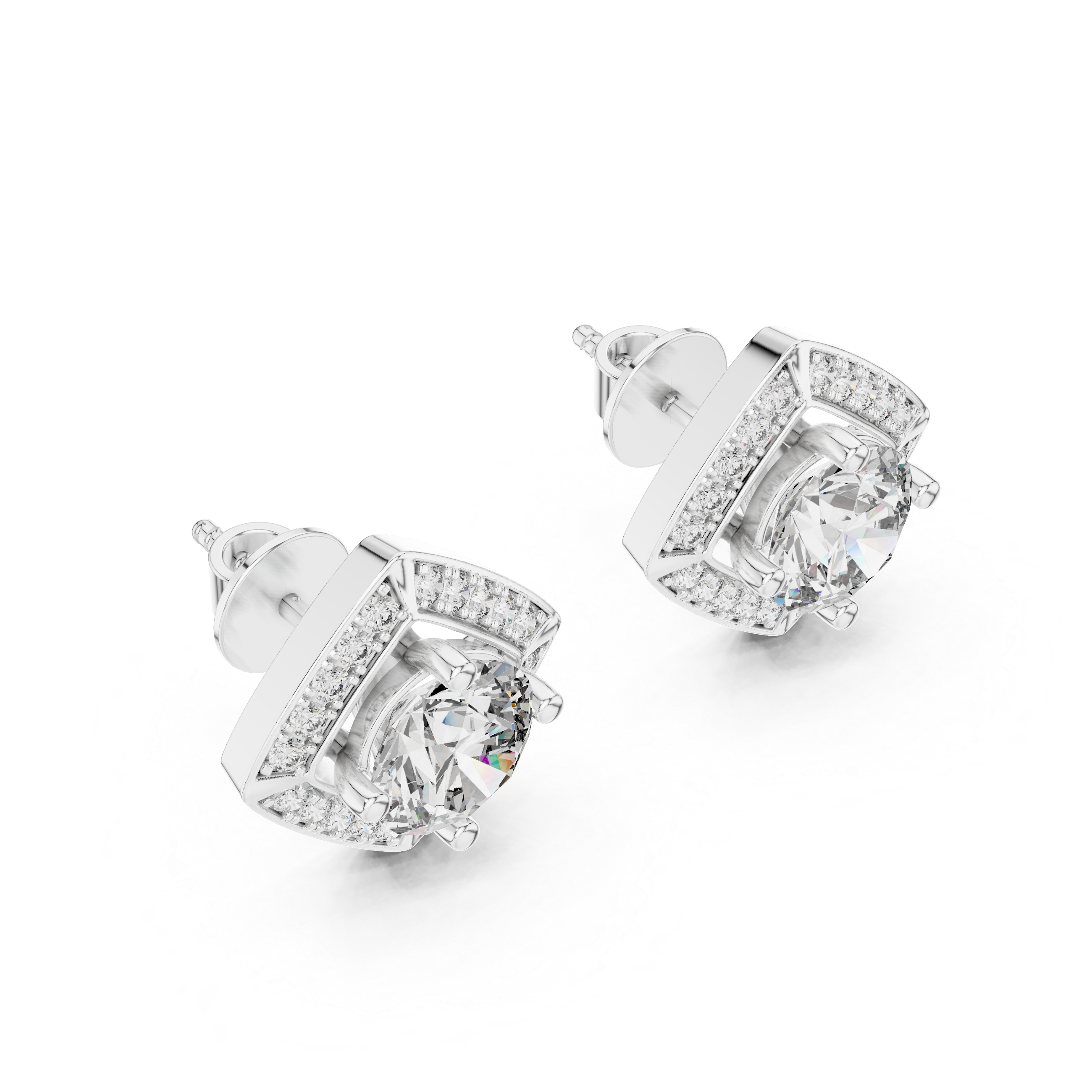 925 Silver Round Moissanite Geometric Diamond Halo Stud Earrings – 14K Gold Plated