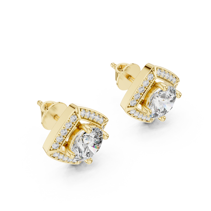 925 Silver Round Moissanite Geometric Diamond Halo Stud Earrings – 14K Gold Plated