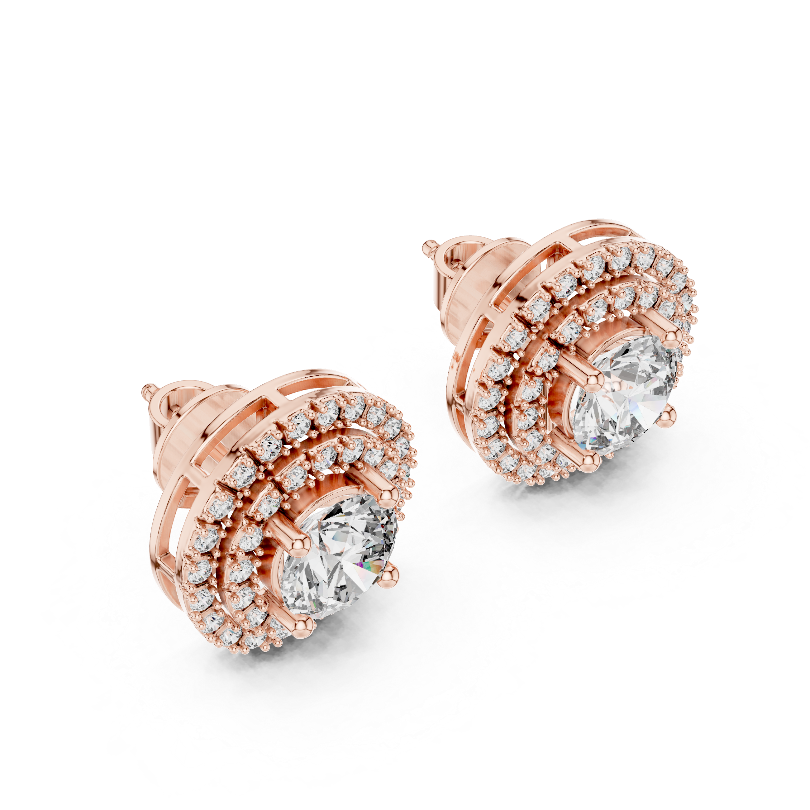 925 Silver Round Moissanite Double Halo Stud Earrings – 14K Gold Plated