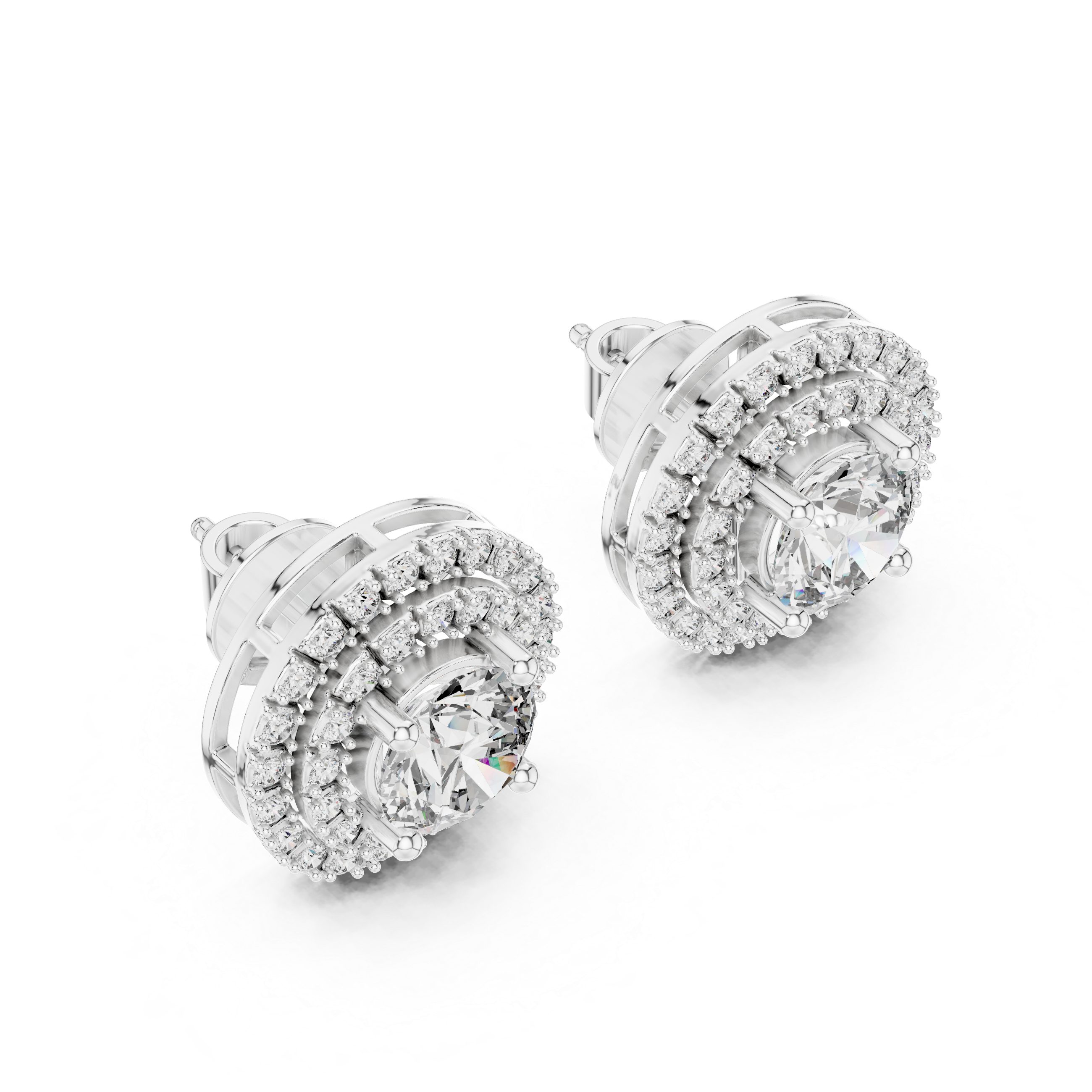 925 Silver Round Moissanite Double Halo Stud Earrings – 14K Gold Plated