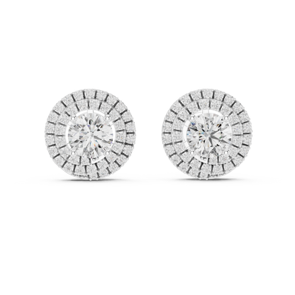 925 Silver Round Moissanite Double Halo Stud Earrings – 14K Gold Plated
