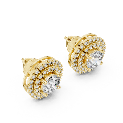 925 Silver Round Moissanite Double Halo Stud Earrings – 14K Gold Plated