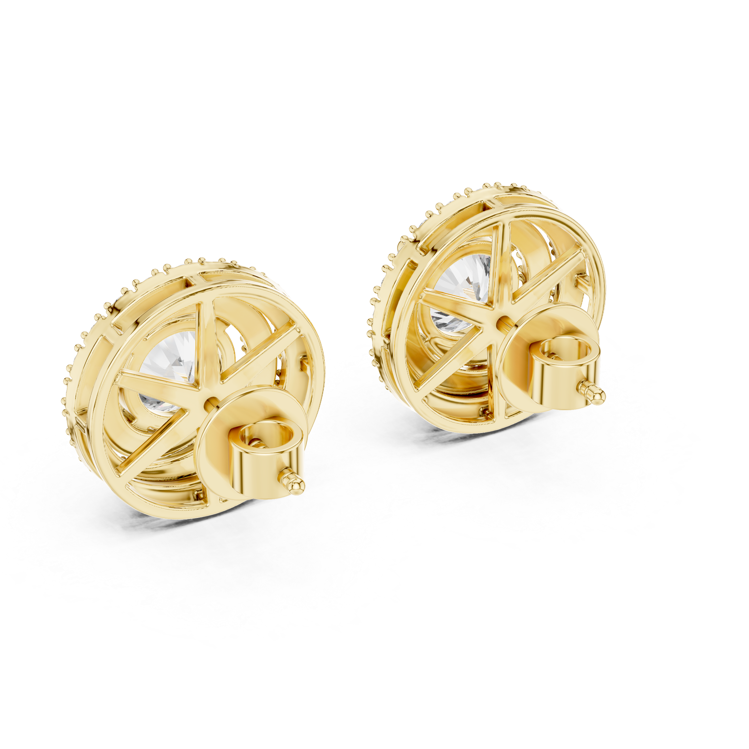 925 Silver Round Moissanite Double Halo Stud Earrings – 14K Gold Plated